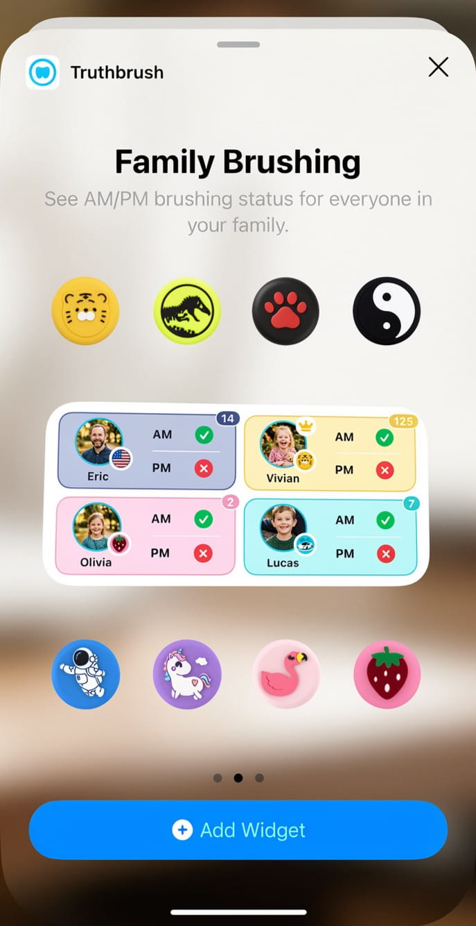 Truthbrush Family Widget showing AM/PM brushing status for family members
