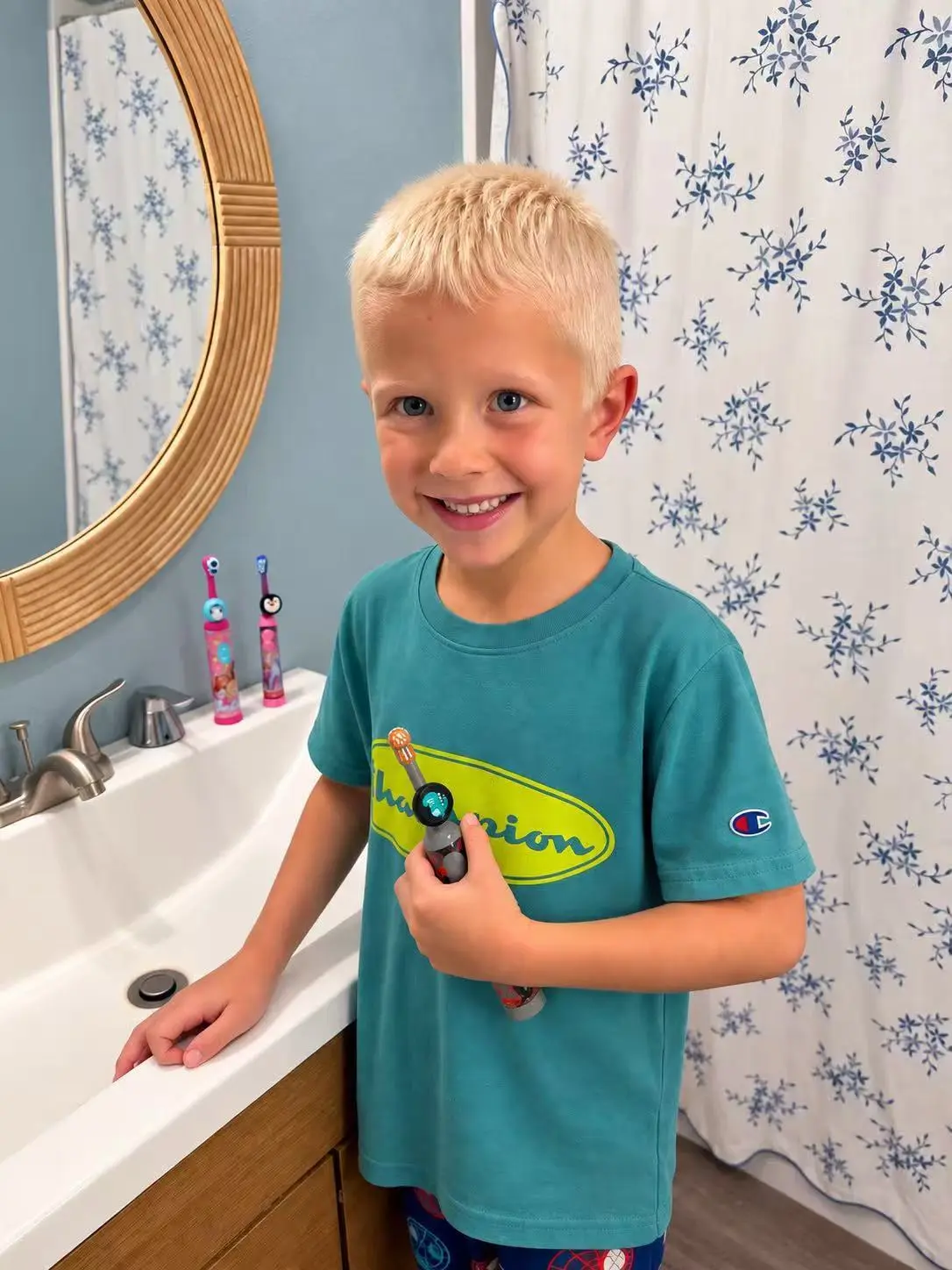 Boy holding his toothbrush with a Truthbrush Tracker attached