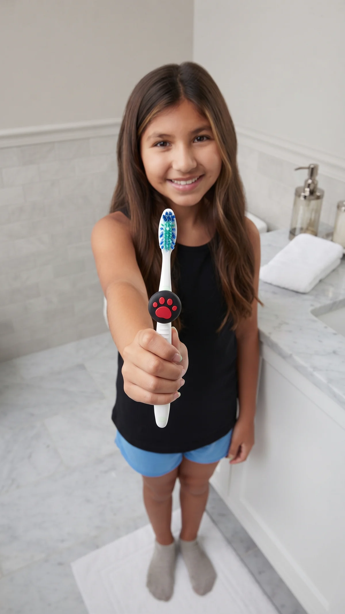 Older child holding out a toothbrush with a paw-print Truthbrush Tracker